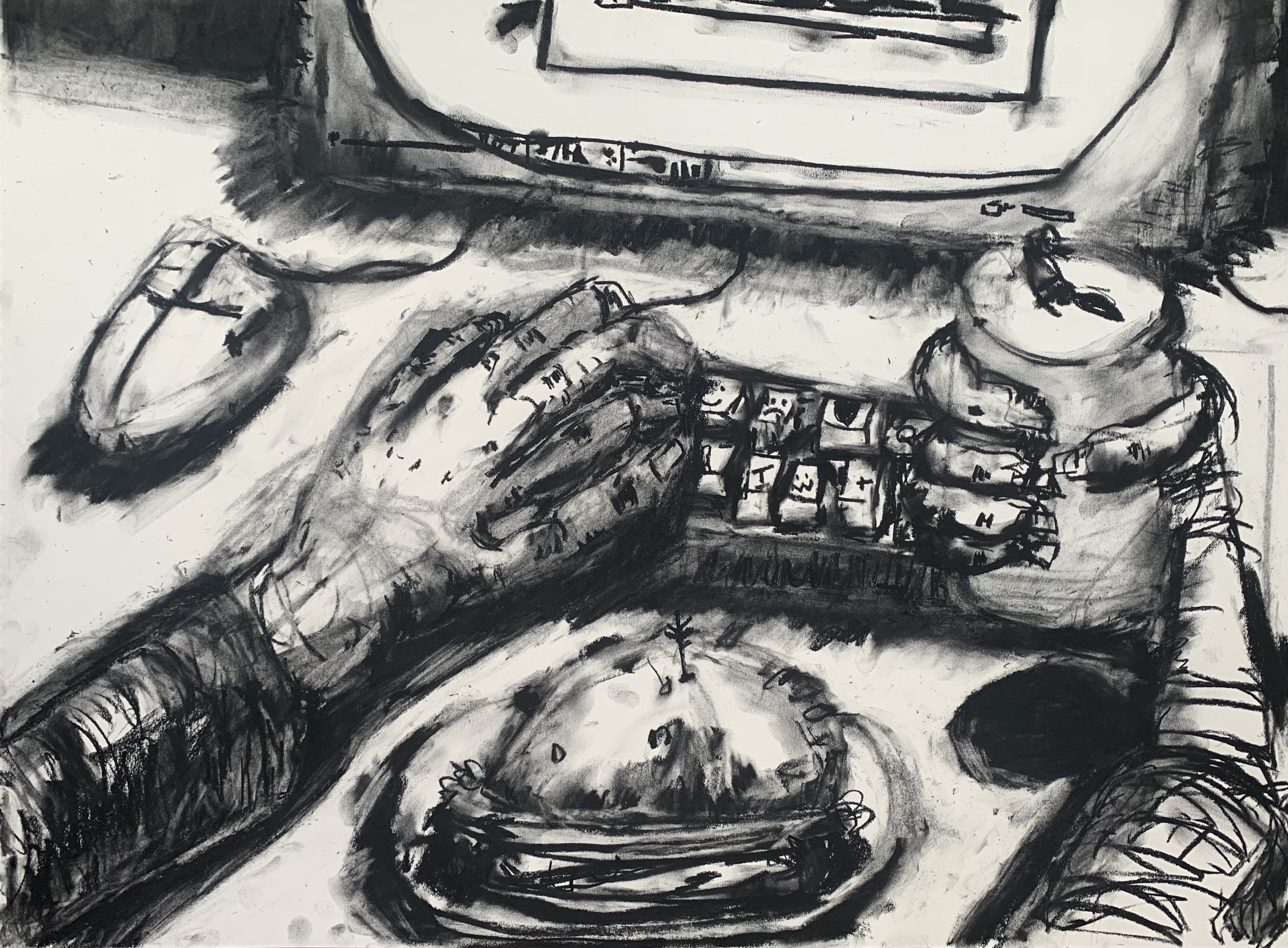 A drawing of a computer and hands from series today's man